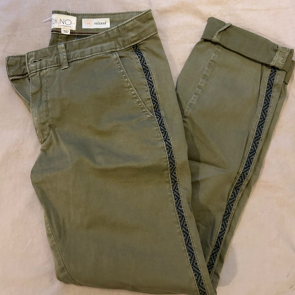 Anthropologie Olive Green Relaxed Trousers with Navy Side Trim